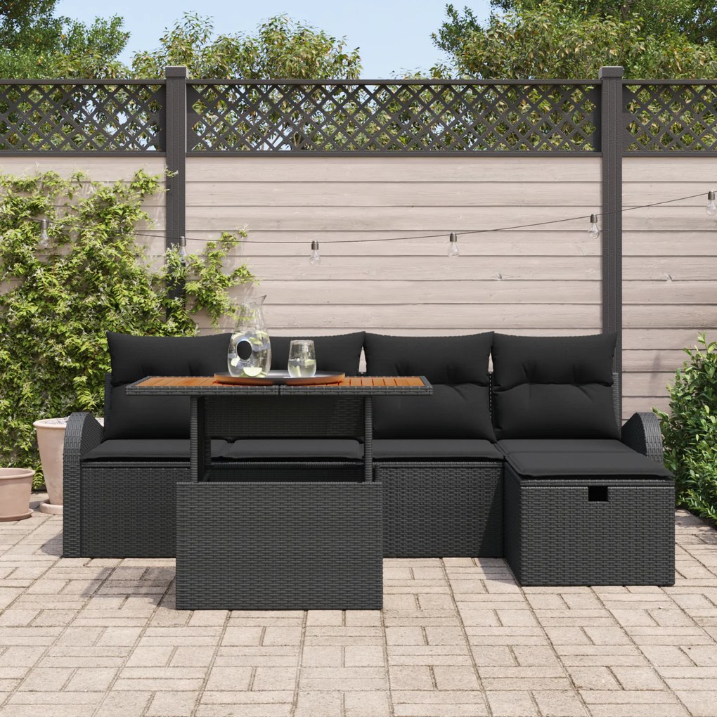 Conjunto de Sofás de Jardim de 6 Peças com Almofadas Preto Rattan Sint