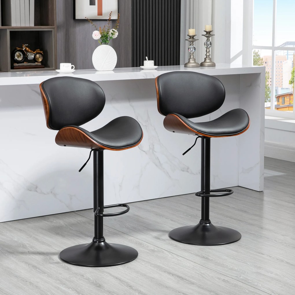 Conjunto de 2 cadeiras de bar com banco regulável em altura, revestimento sintético, 53 x 52 x 92-112 cm, preto