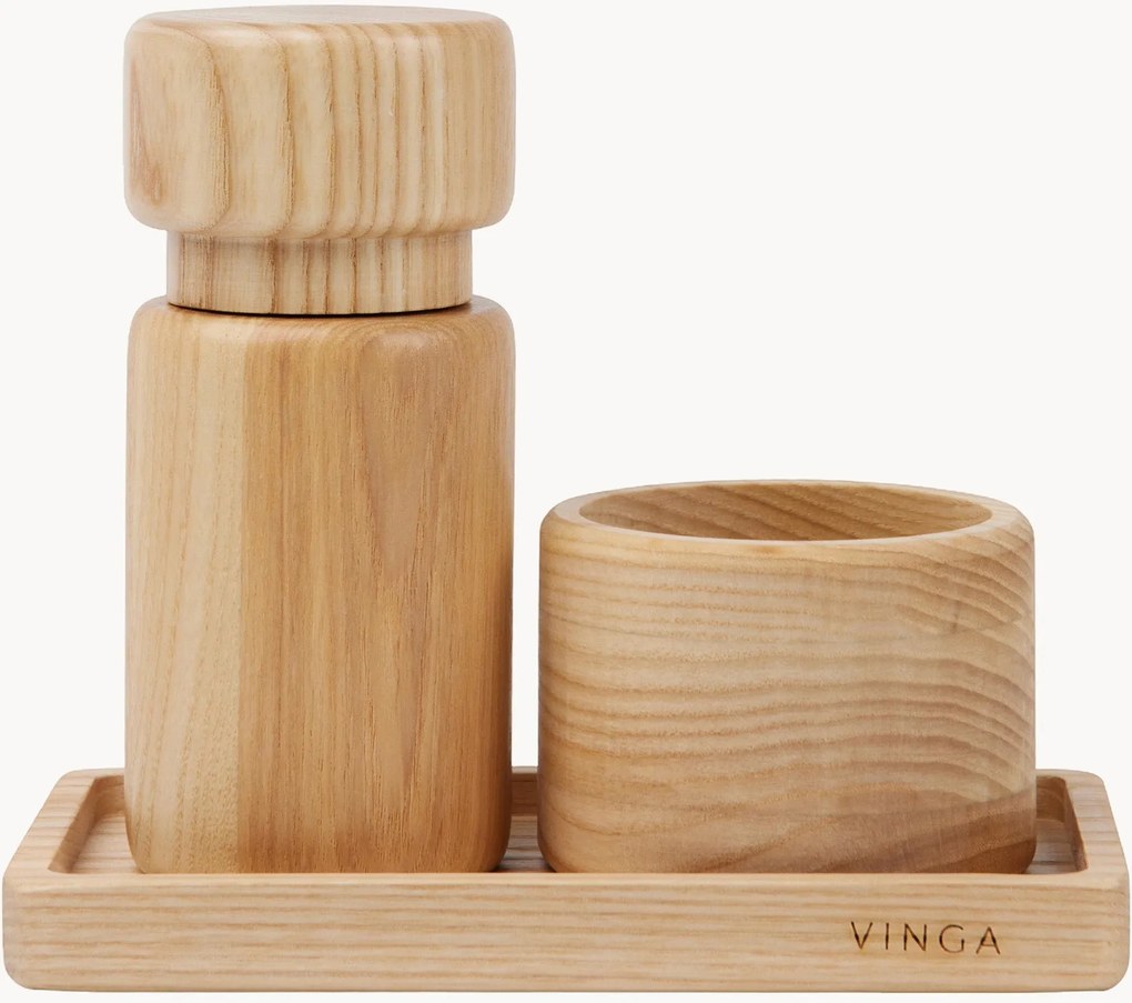 Conjunto de sal e pimenta em madeira de freixo Retro, conjunto de 3