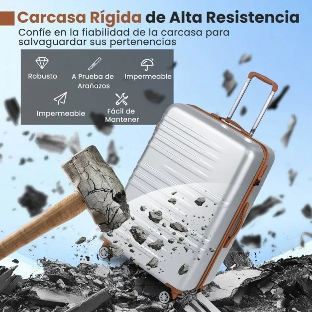 Conjunto de bagagem de 3 peças malas rígidas com fechadura com Alças telescópicas de alumínio e rodas giratórias Prata