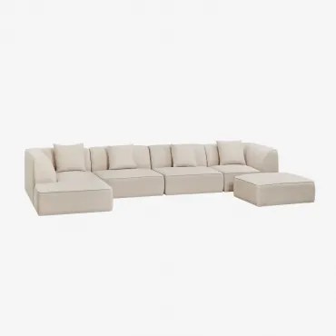 Sofá Modular Chaise Longue Esquerdo De 4 Peças Com Puff Estofado Cardea Chenille Bege Creme - Sklum