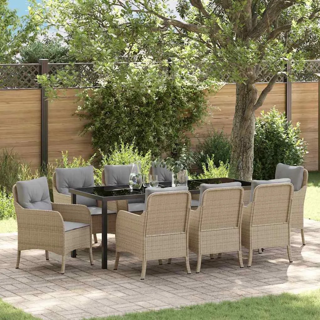 Conjunto de Jantar de Jardim de 9 Peças com Almofadas Bege em Vime Pol