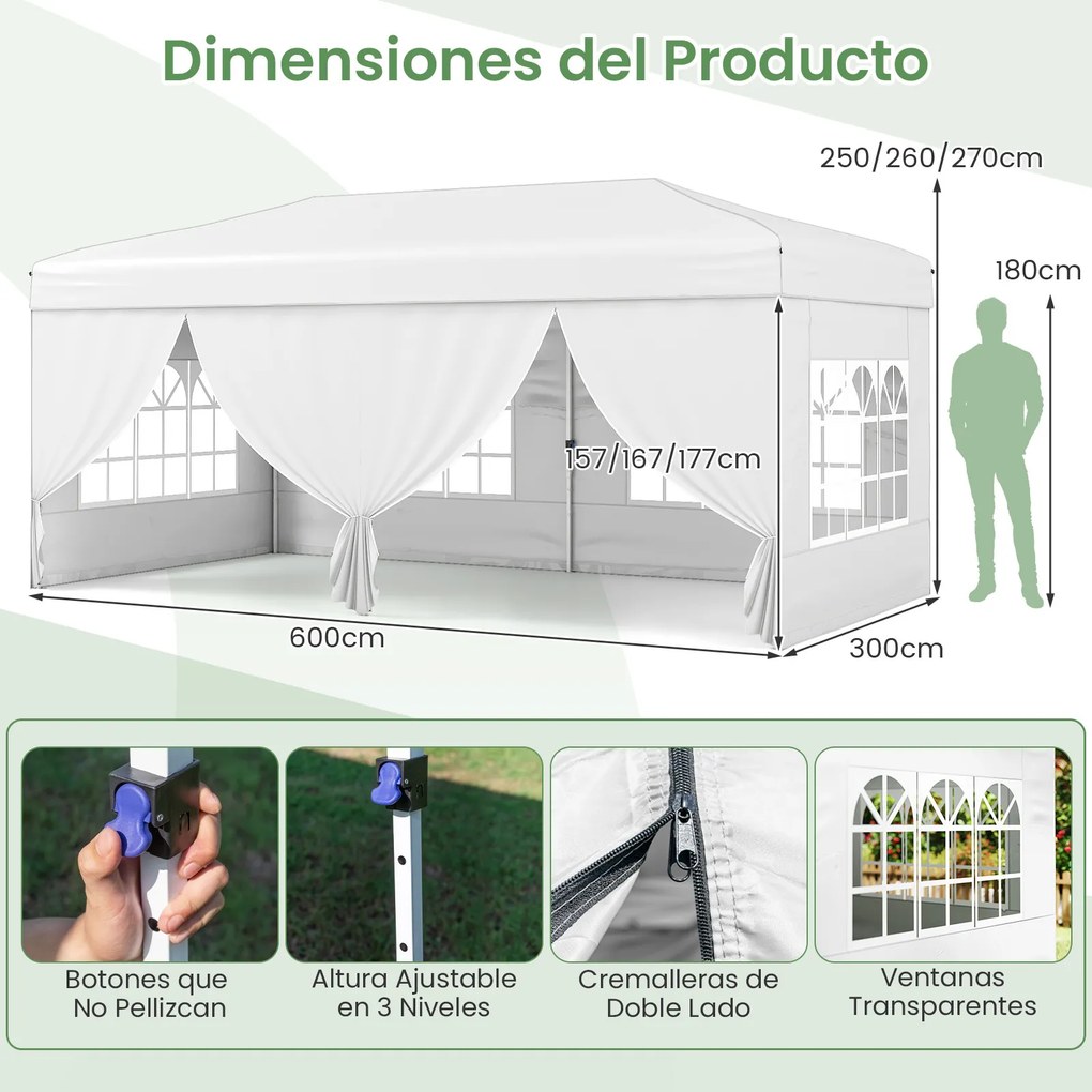 Tenda dobrável com 6 painéis laterais 300 x 600 x 250-270 cm, 6 x Sacos de areia, estrutura metálica, altura ajustável, 10 estacas, 6 cordas, saco com
