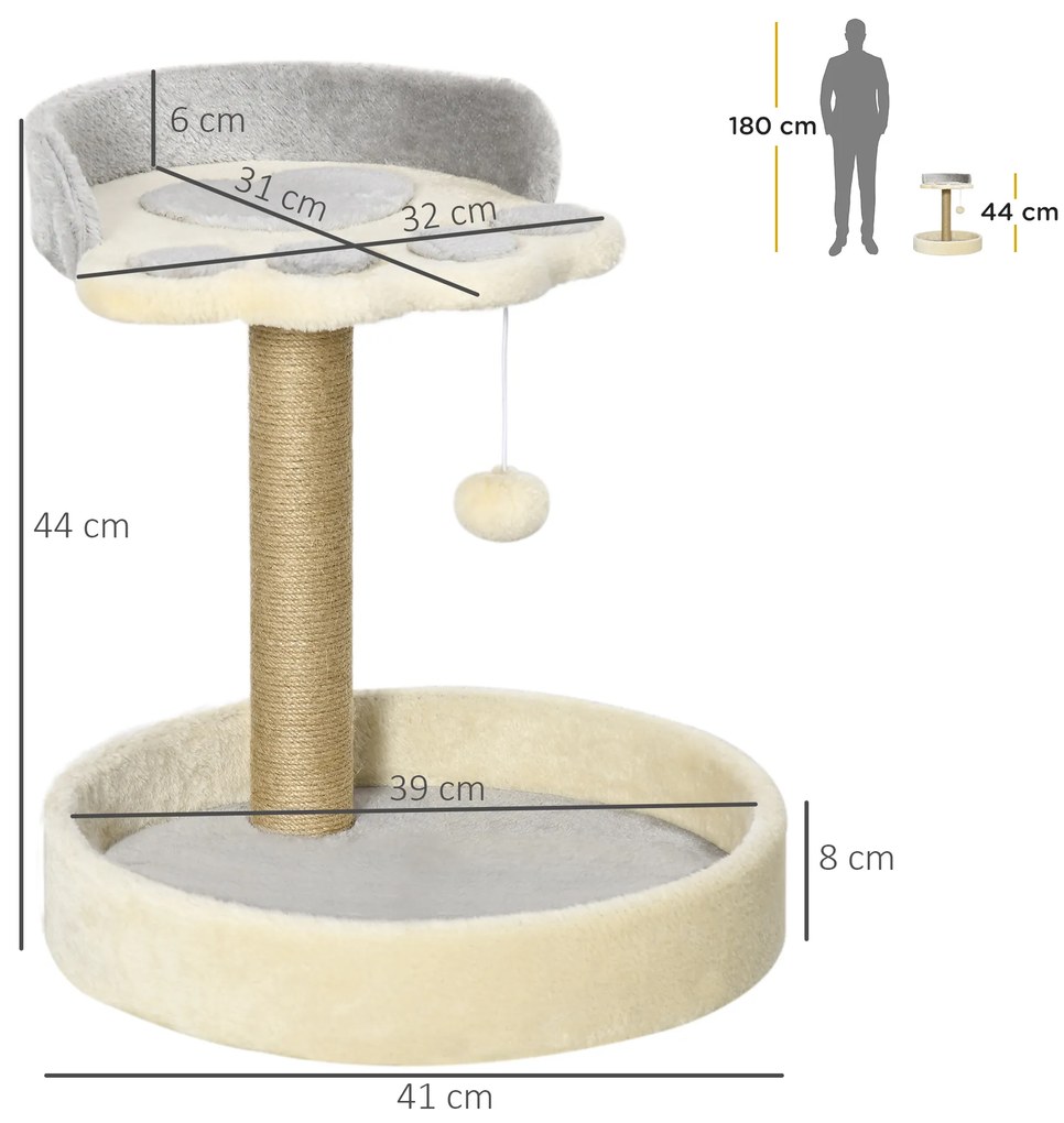 Arranhador para Gato com 2 Camas Poste de Juta Brinquedo Pendurado Ø41x44 cm Cinza Claro