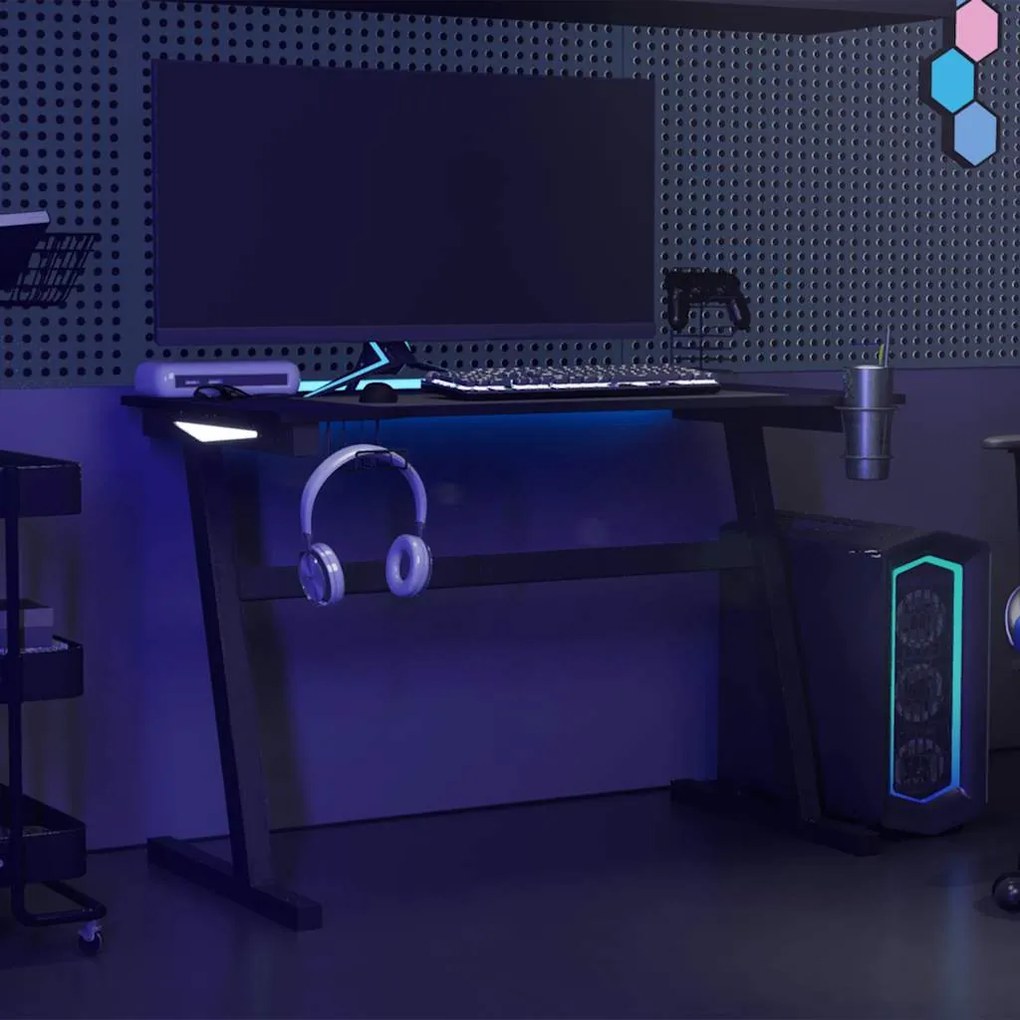Secretária de gaming c/ luzes LED forma de Z 110x60x75 cm preto