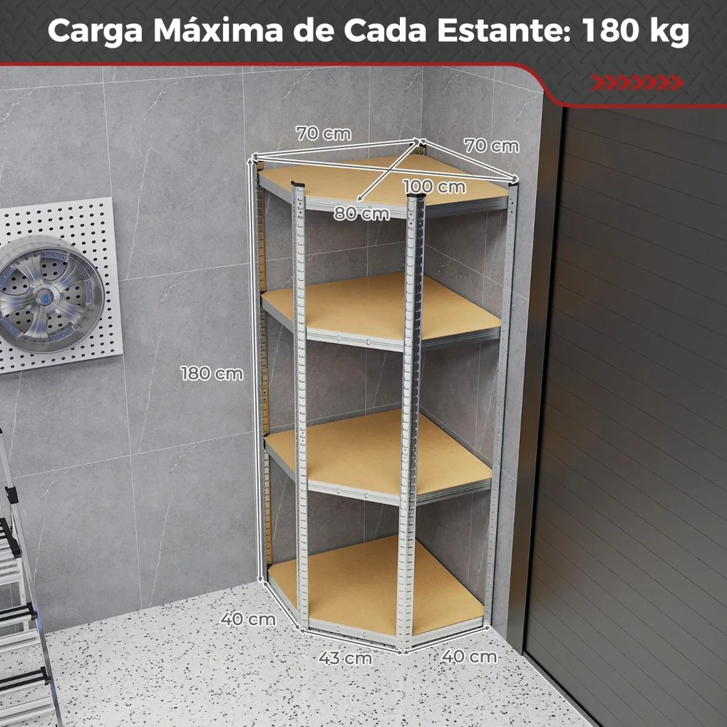 Estante de canto metálica 4 níveis Carga 720 kg para armazém Despensa e cozinha 100 x 80 x 180 cm Prateado