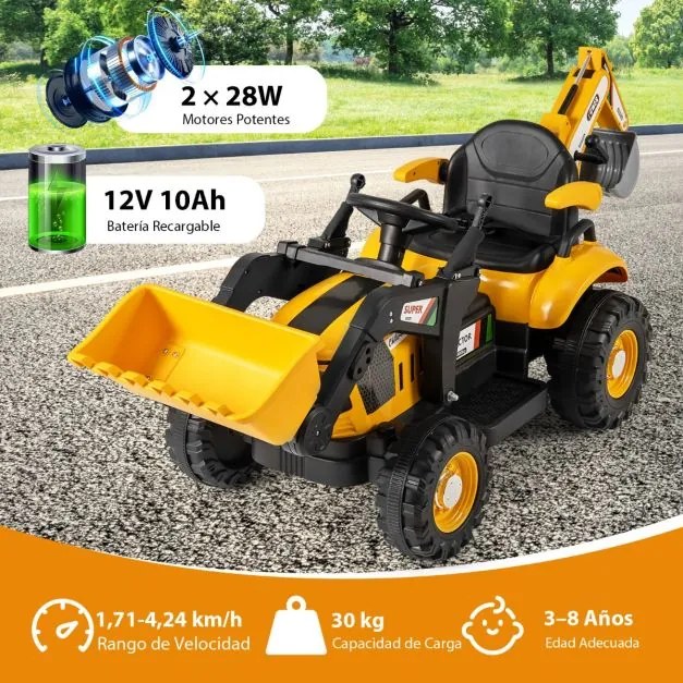 Trator elétrico 4 em 1 para crianças 12V com controle remoto, pá, reboque removível e luzes LED para crianças de 3 a 8 anos, 185 x 58 x 65 cm, amarelo