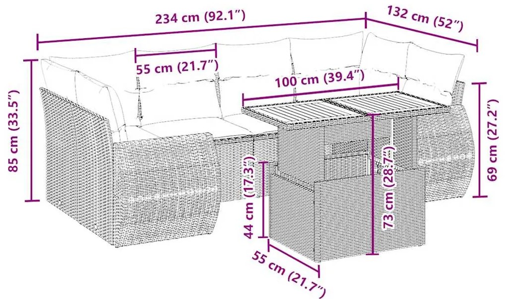 7 pcs conjunto de sofás p/ jardim com almofadões vime PE bege