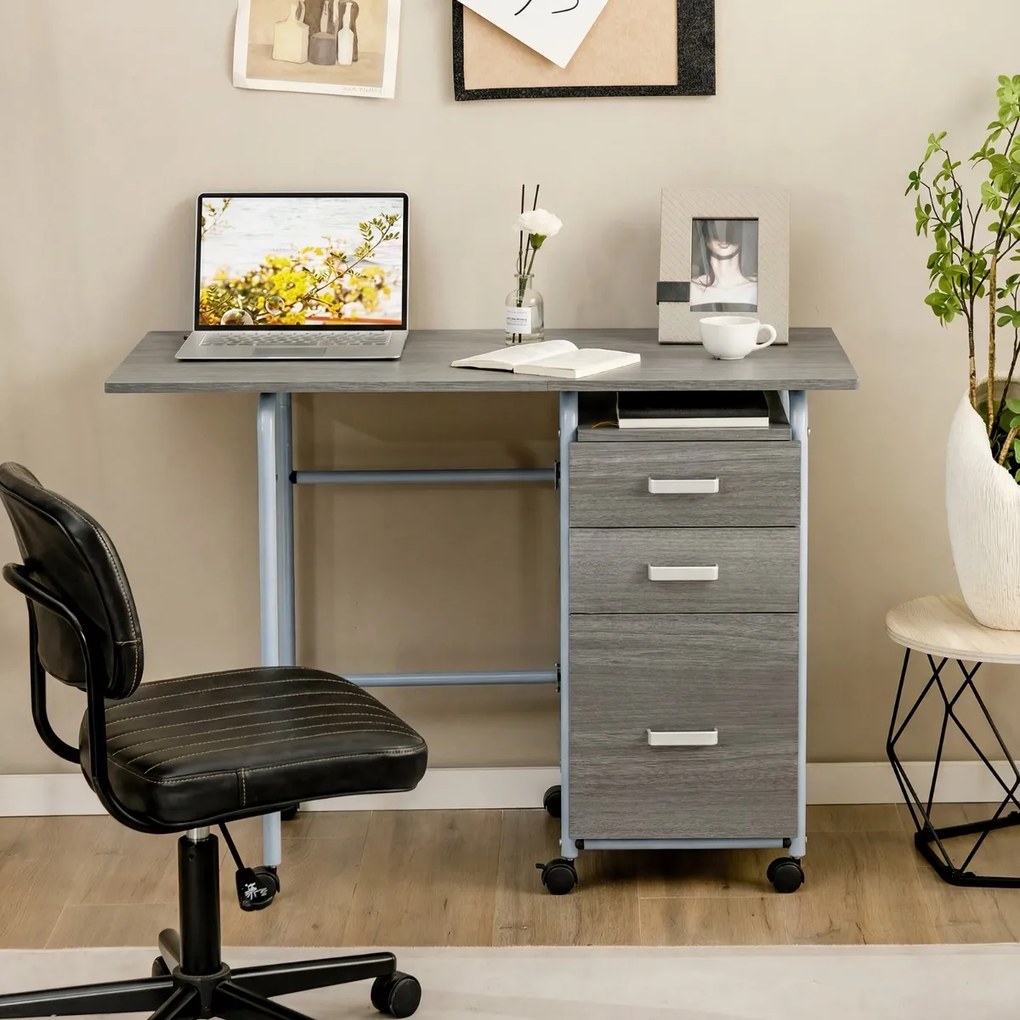 Secretária dobrável para computador 105 x 50 x 74 cm com 3 gavetas de armazenamento e rodas bloqueáveis Cinza