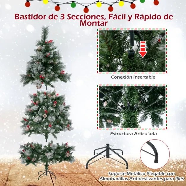 Árvore de Natal pré-iluminada de 185 cm com 747 pontas de ramos, 350 luzes LED, 55 pinhas e 55 bagas vermelhas