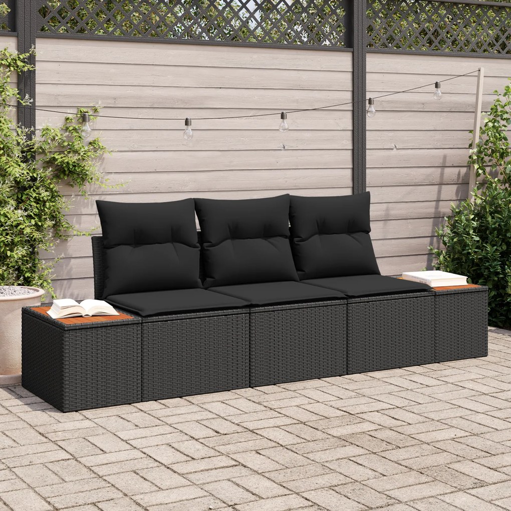 Conjunto de Sofá de Jardim vidaXL com Almofadas Preto Rattan Poliéster