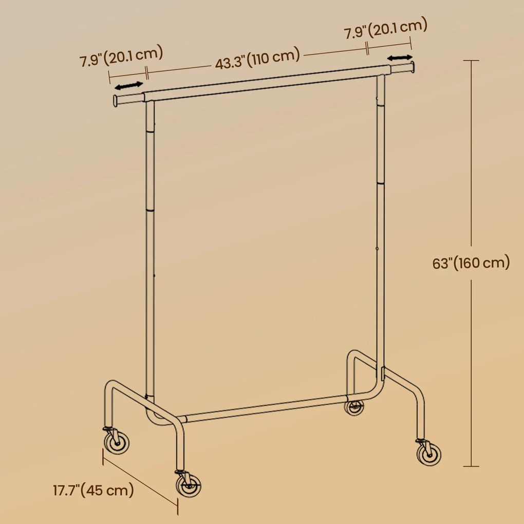 Guarda Roupa com rodas, bengaleiro, varão extensível para roupa 45 x (110-150) x 162,9 cm Prata