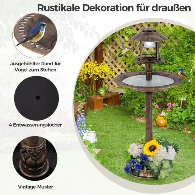 Bebedouro jardim para pássaros 51 x 51 x 107 cm com luz solar e vaso, estação de alimentação Bronze