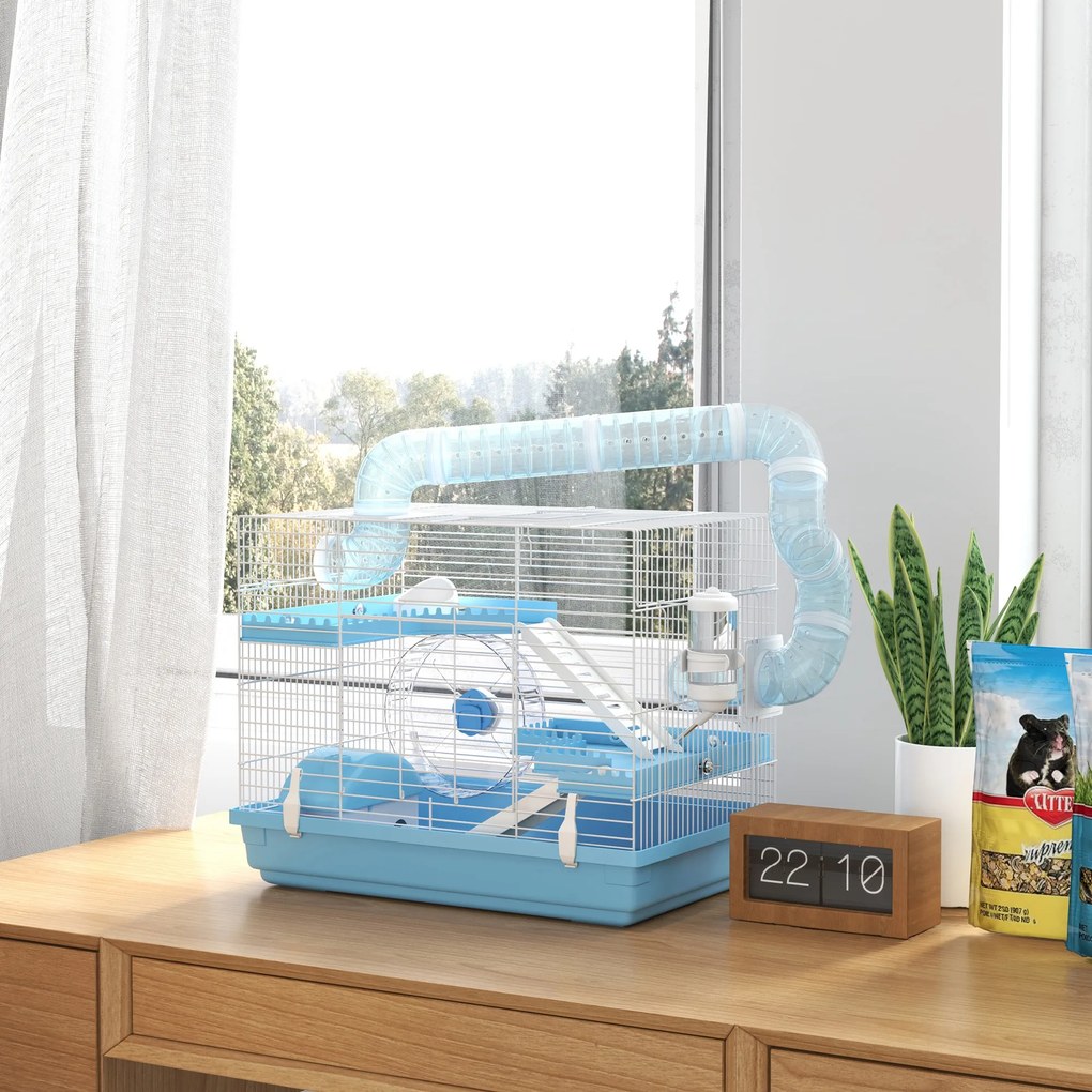Gaiola portátil para hamster com casinha, roda de exercício, comedouro, garrafa de água, 47,5 x 31,5 x 29,5 cm, azul claro