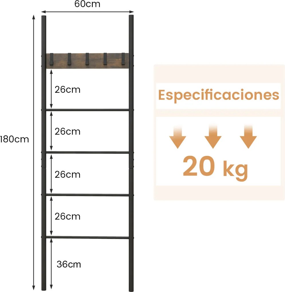 Toalheiro forma Escadas para toalhas de 5 degraus 5 ganchos casa de banho 60 x 3,2 x 180 cm Castanho rústico + preto