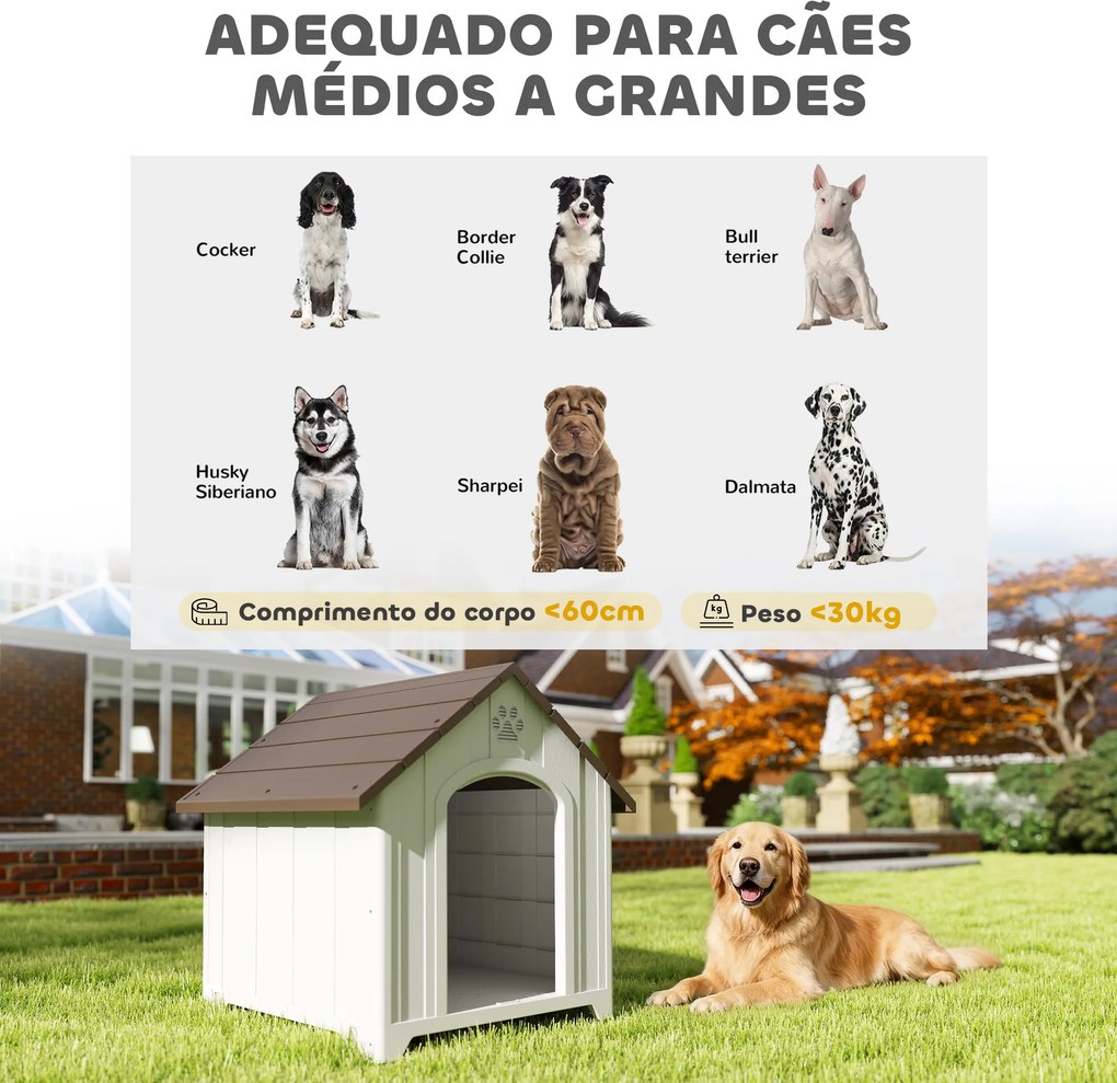 Casota para Cães de Exterior Casa para Cães Grandes de Plástico com 2 Janelas Base Elevada Estacas Castanho Escuro