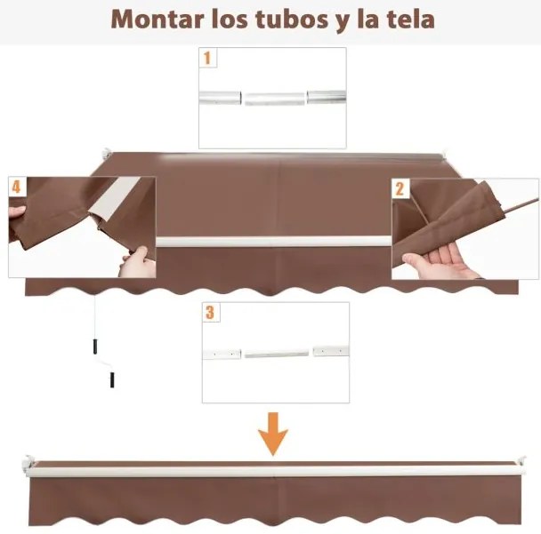 Toldo retrátil 245 x 200 cm com manivela manual em poliéster impermeável, marquise em alumínio para porta de parede ou janela Castanho