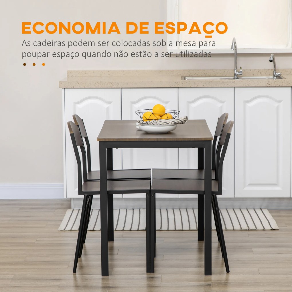Conjunto de Mesa e Cadeiras de Refeição Mesa de Cozinha Retangular com 4 Cadeiras Estilo Moderno Castanho Escuro e Preto