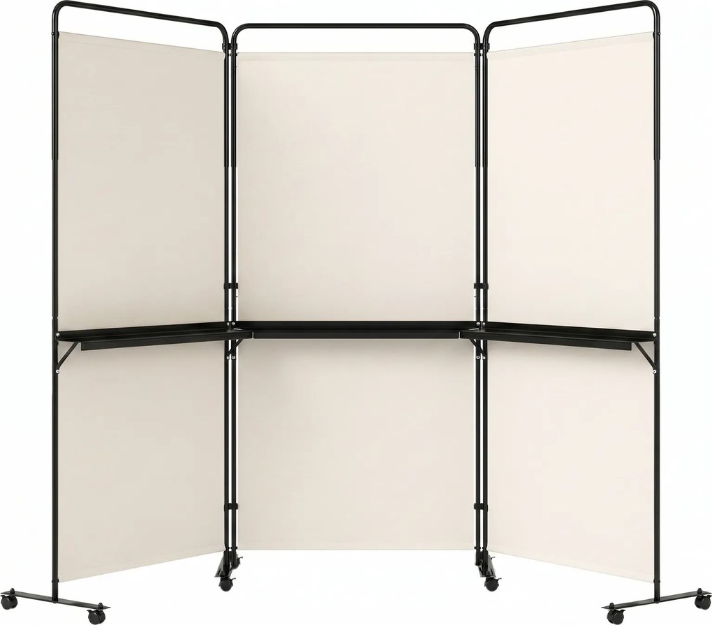 Biombo Dobrável de 3 Painéis, 259 x 44 x 188 cm, 8 Rodas com Travão, Branco