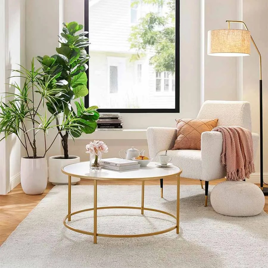 Mesa de centro redonda com estrutura metálica 84 x 45,5 cm (Ø x H) branco-dourado