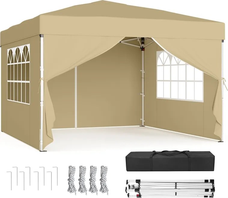 Tenda dobrável de 3 x 3 m para jardim e festas, com 4 paredes laterais, cor bege