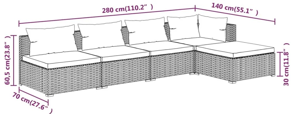 5 pcs conjunto lounge de jardim c/ almofadões vime PE cinzento