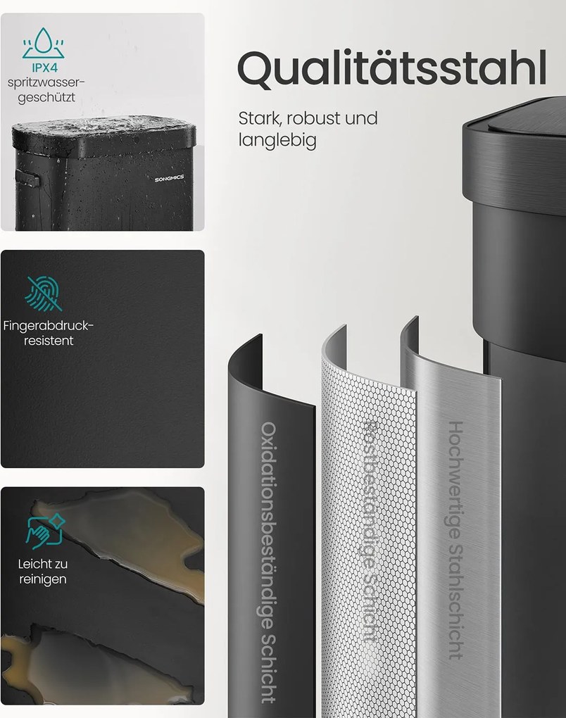 Caixote do lixo automático com sensor e tampa em aço com fecho suave 42,5 x 27,1 x 58,7 cm Preto