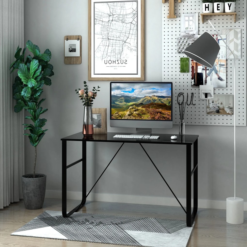 Secretária com Bancada de Vidro Temperado Carga Máxima 80kg Estilo Moderno para Escritório Estúdio Dormitório 120x60x74,5cm Preto