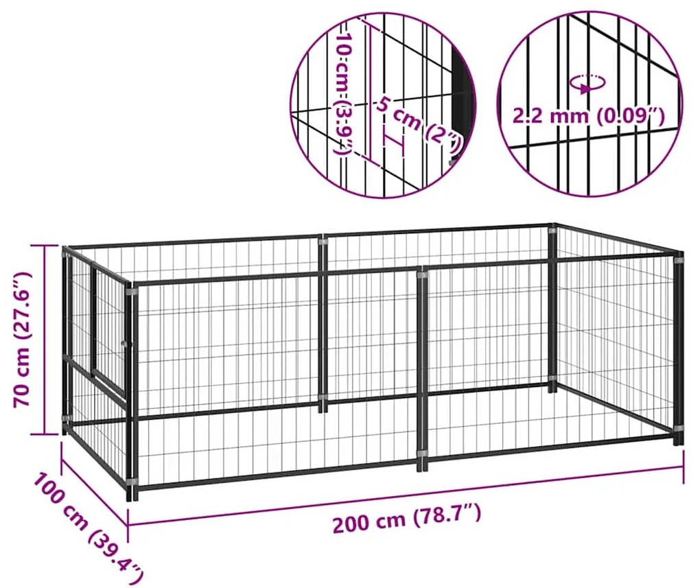 Canil para cães 200x100x70 cm aço preto