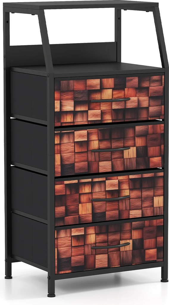 Mesa de cabeceira 40 x 29 x 83 cm com 4 gavetas revestidas a tecido, Estrutura metálica e armário vertical para arrumação no quarto, castanho