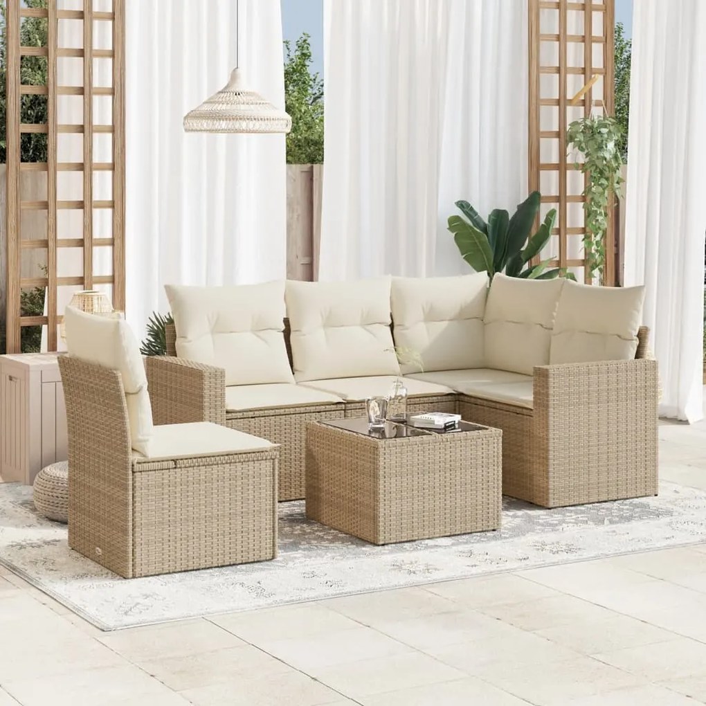 6 pcs conjunto de sofás p/ jardim com almofadões vime PE bege