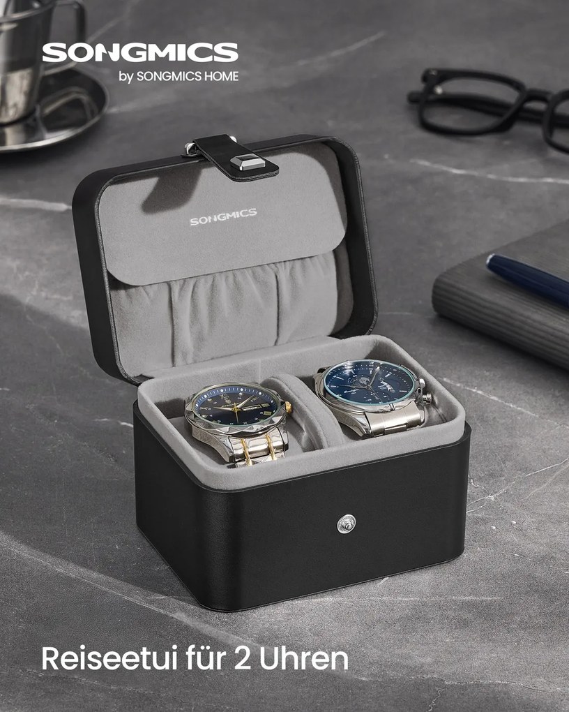 Caixa para relógios 10,1 x 12 x 8,5 cm com dois compartimentos e forro macio preto