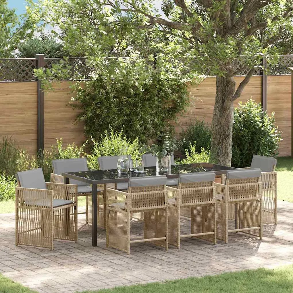 vidaXL Conjunto de Jantar para Jardim com 9 Peças da e Almofadas em Bege, feito de Rattan Sintético