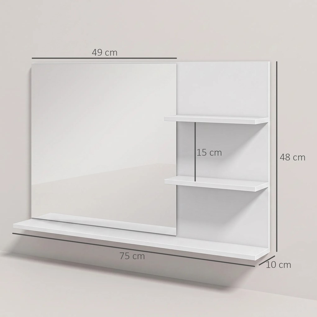 Espelho de Casa de Banho de Parede com 2 Prateleiras Laterais e Prateleira Inferior 75x10x48 cm Branco