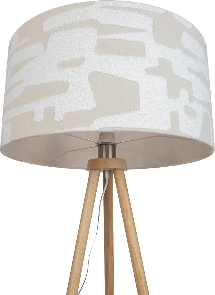 Candeeiro de pé tripé de madeira com abajur listrado branco e bege 50cm - Lou