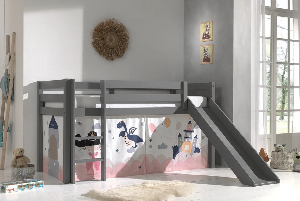 Cama alta de Criança PINO 90 x 200 cm + estrado + escada + escorrega + cortina Princesa Cinzenta