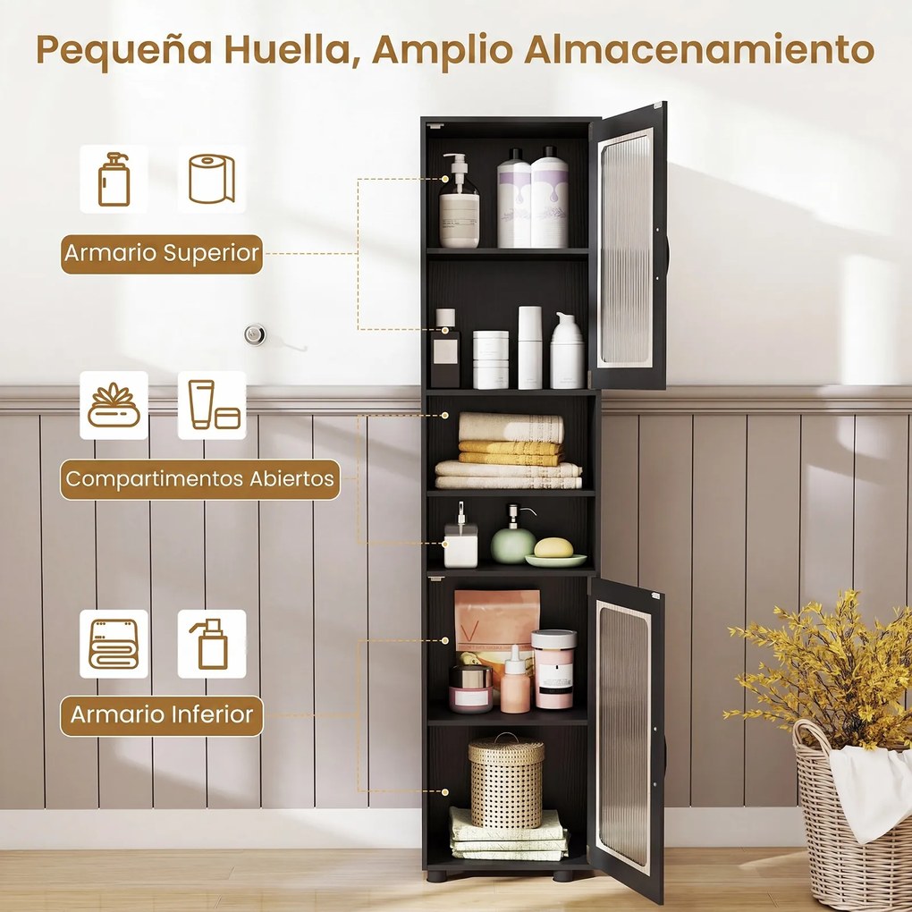 Armário alto e estreito de casa de banho 40 x 30 x 170 cm com 2 portas semitransparentes, 2 compartimentos e prateleira ajustável para cozinha e sala,