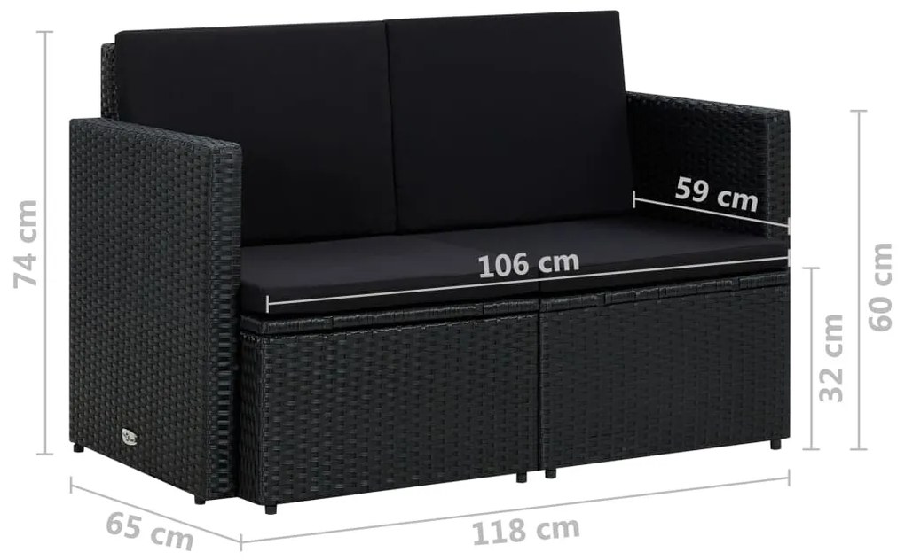 Sofá de jardim 2 lugares com almofadões vime PE preto