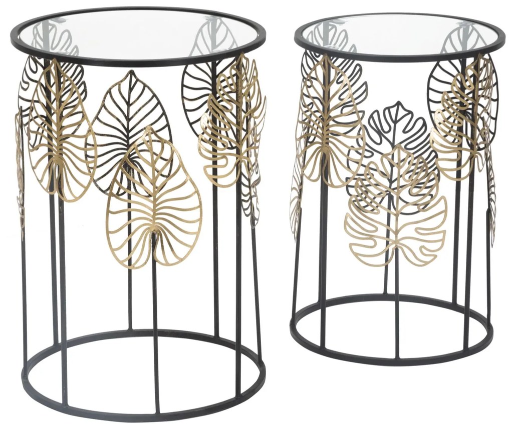 MESA DE APOIO FOGLIE GLAM Ø 38X55-33X50 CM PRETO E DOURADO