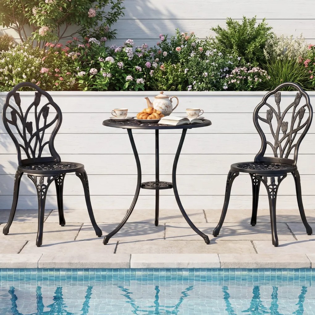 Conjunto de Jardim de 3 peças em alumínio fundido: mesa e cadeiras de exterior para todas as condições meteorológicas, com orifício para guarda-sol, i