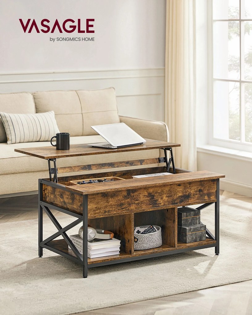 Mesa de centro ajustável em altura para sala de estar 60 x 100 x (48-62) Castanho Vintage e Preto