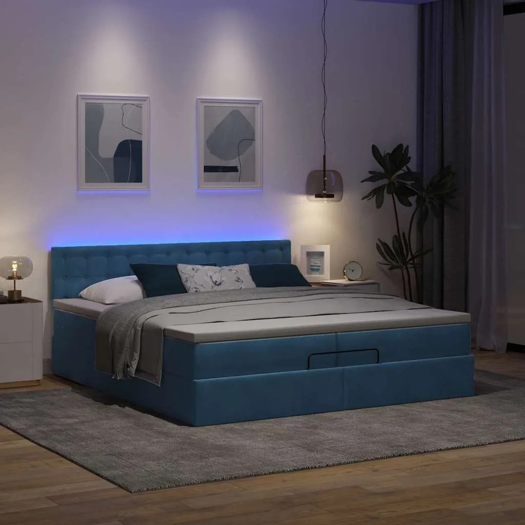 Cama otomana com colchões/LEDs 200x200 cm veludo azul-escuro