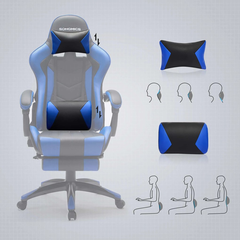 Cadeira Gaming com apoio para os pés preto-azul