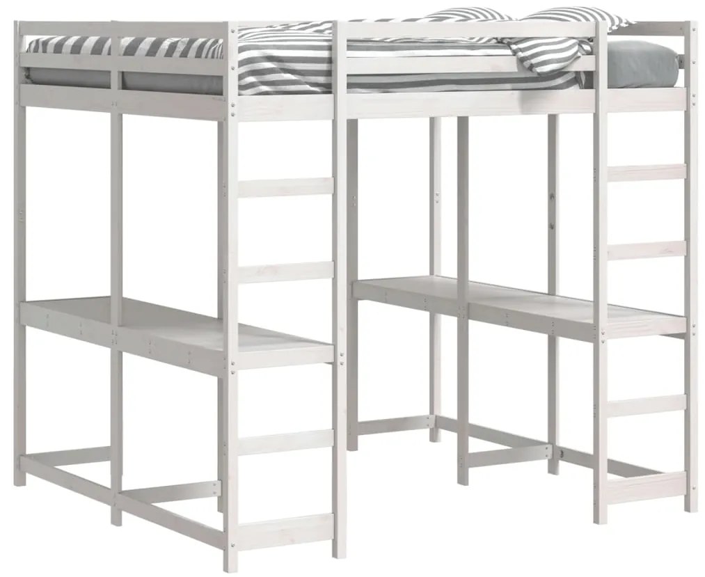 Cama alta c/ secretária e escada 160x200 cm pinho maciço branco