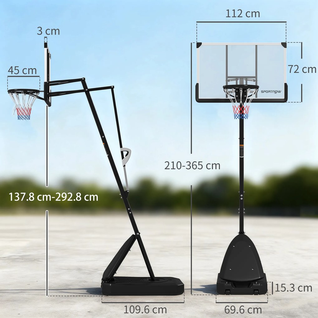 Cesto de Basquetebol para Exterior Altura Ajustável em 16 Níveis 150-305 cm com Rodas e Base Recarregável Preto
