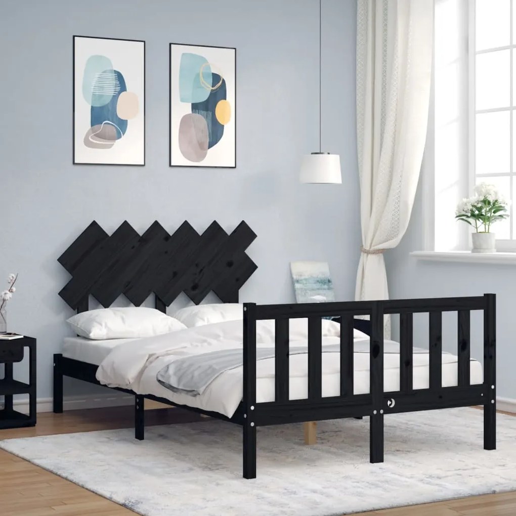 vidaXL Estrutura de cama de casal com cabeceira madeira maciça preto