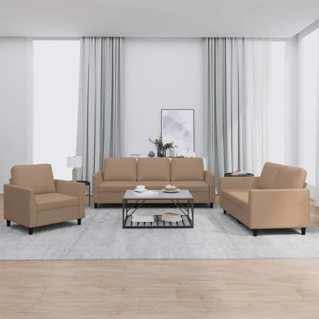 3201744 vidaXL 3 pcs conjunto sofás c/ almofadões couro artificial cappuccino