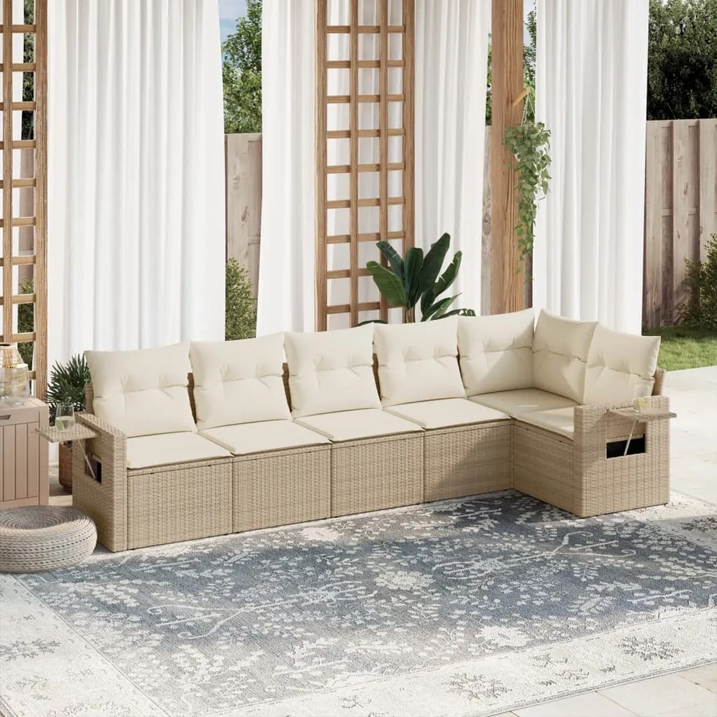 6 pcs conjunto de sofás p/ jardim com almofadões vime PE bege