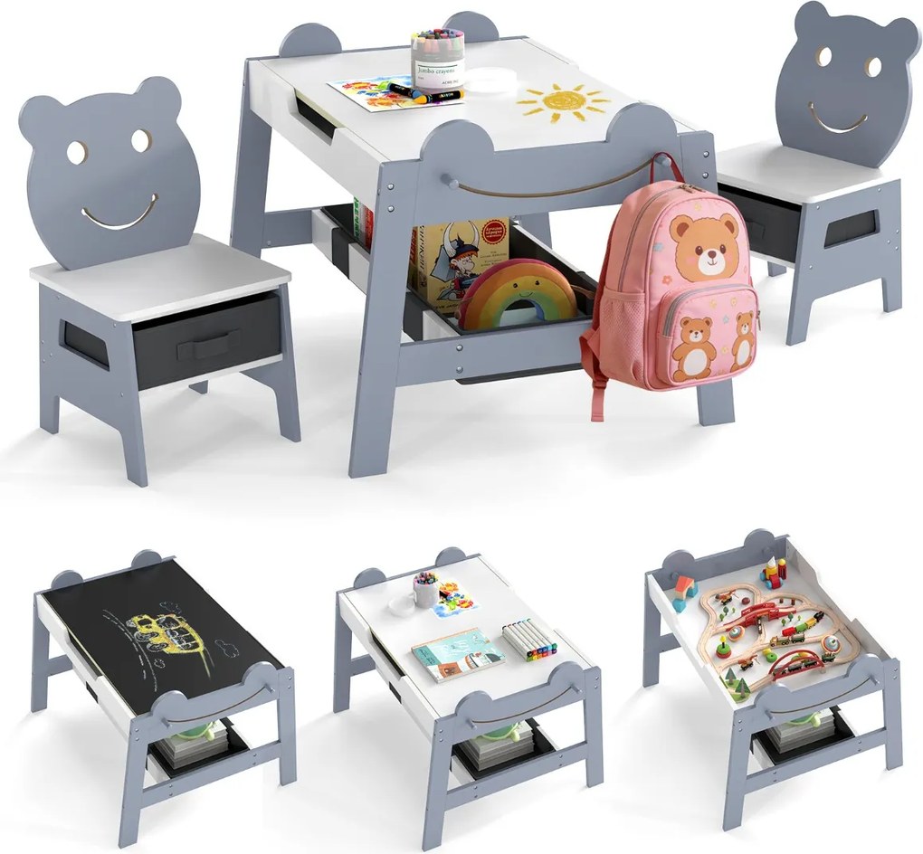 Conjunto Mesa e 2 cadeiras infantis 5 em 1 com tampo reversível preto e branco com Detalhe Curvo, 4 ganchos, compartimentos e recipientes Cinzenta