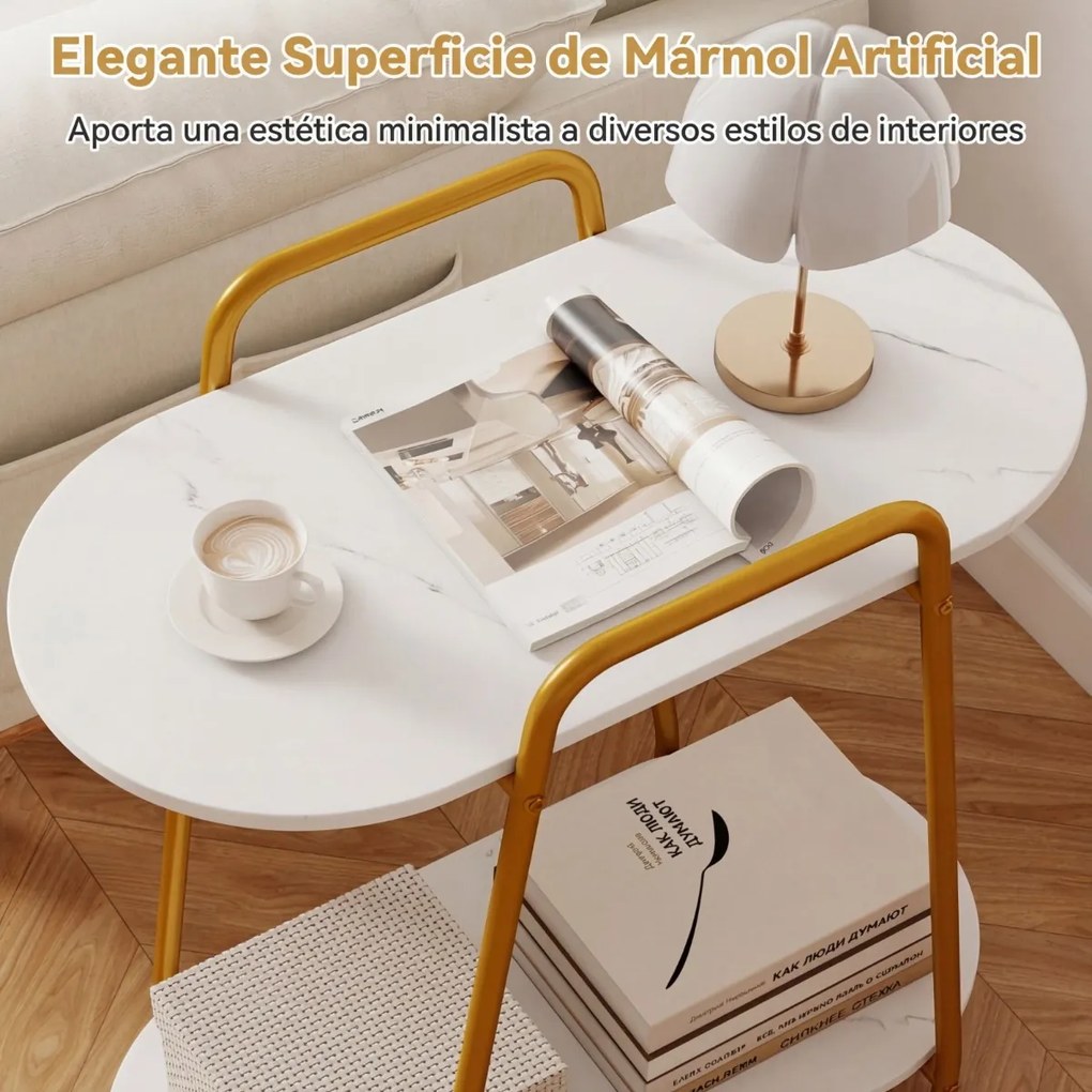Mesa apoio com rodas 60 x 33,5 x 68,5 cm, 2 prateleiras, tampo em imitação de mármore, rodas com travão, Estrutura metálica, para quarto, cozinha ou s